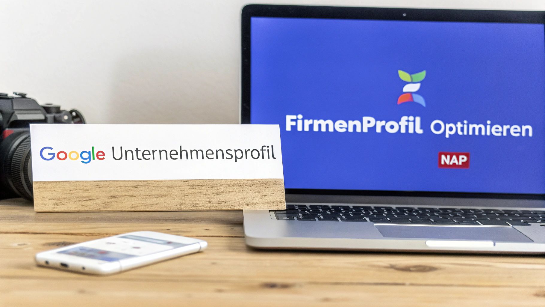 Schreibtisch mit Laptop zeigt 'FirmenProfil Optimieren', einem Schild 'Google Unternehmensprofil', Smartphone und Kamera.