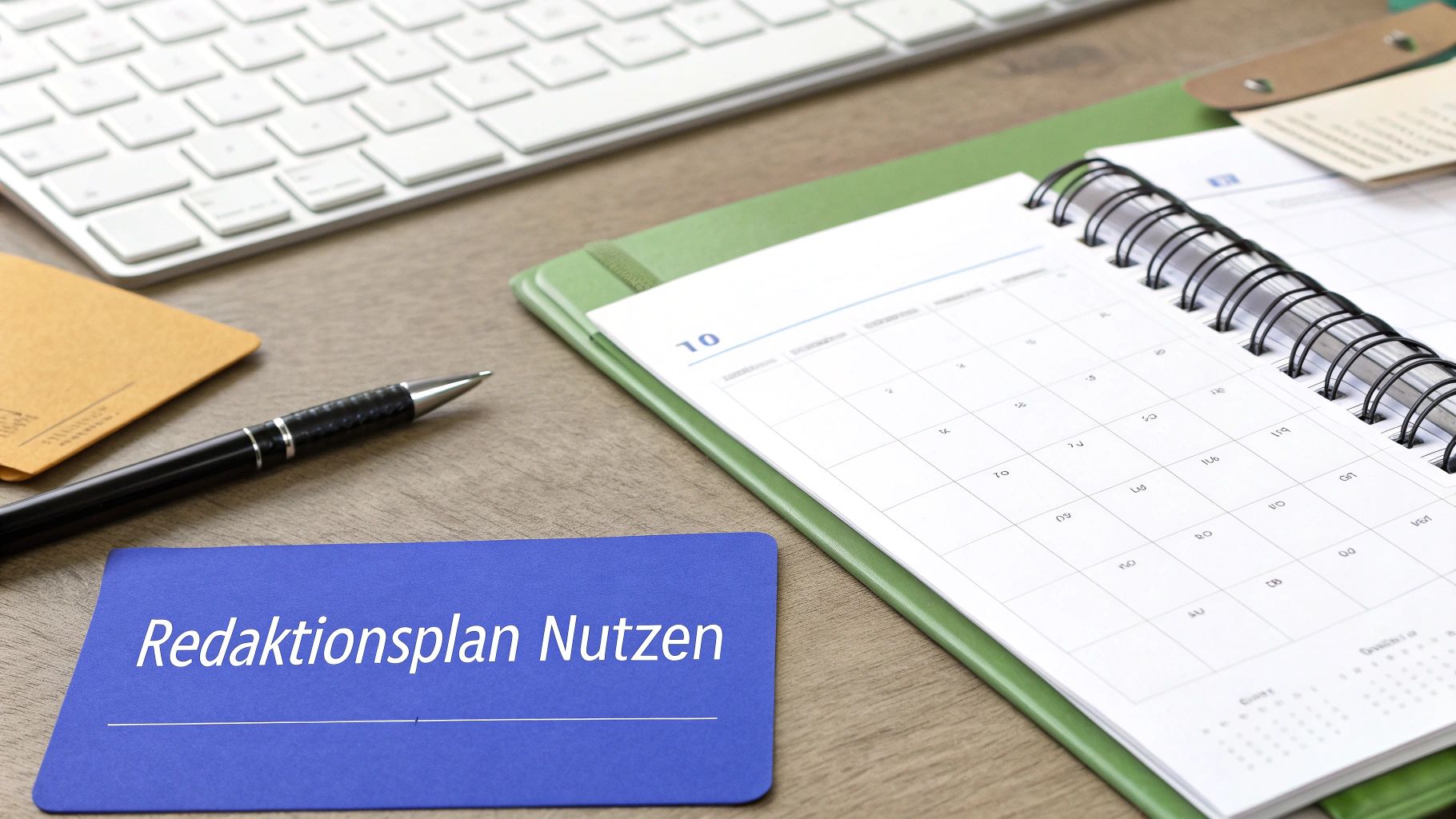 Büro-Schreibtisch mit einem geöffneten Kalender, einem Stift und einer blauen Karte mit der Aufschrift 'Redaktionsplan Nutzen'.