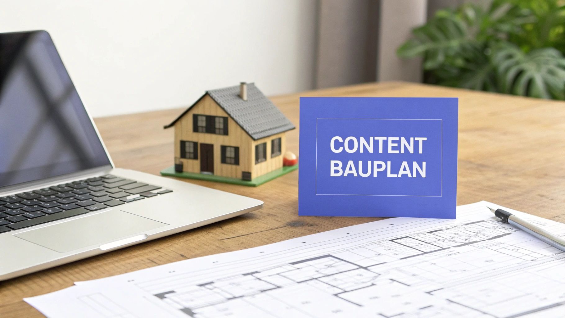 Ein Schreibtisch mit Laptop, Modellhaus, Bauplänen und einer blauen Karte mit der Aufschrift 'CONTENT BAUPLAN'.