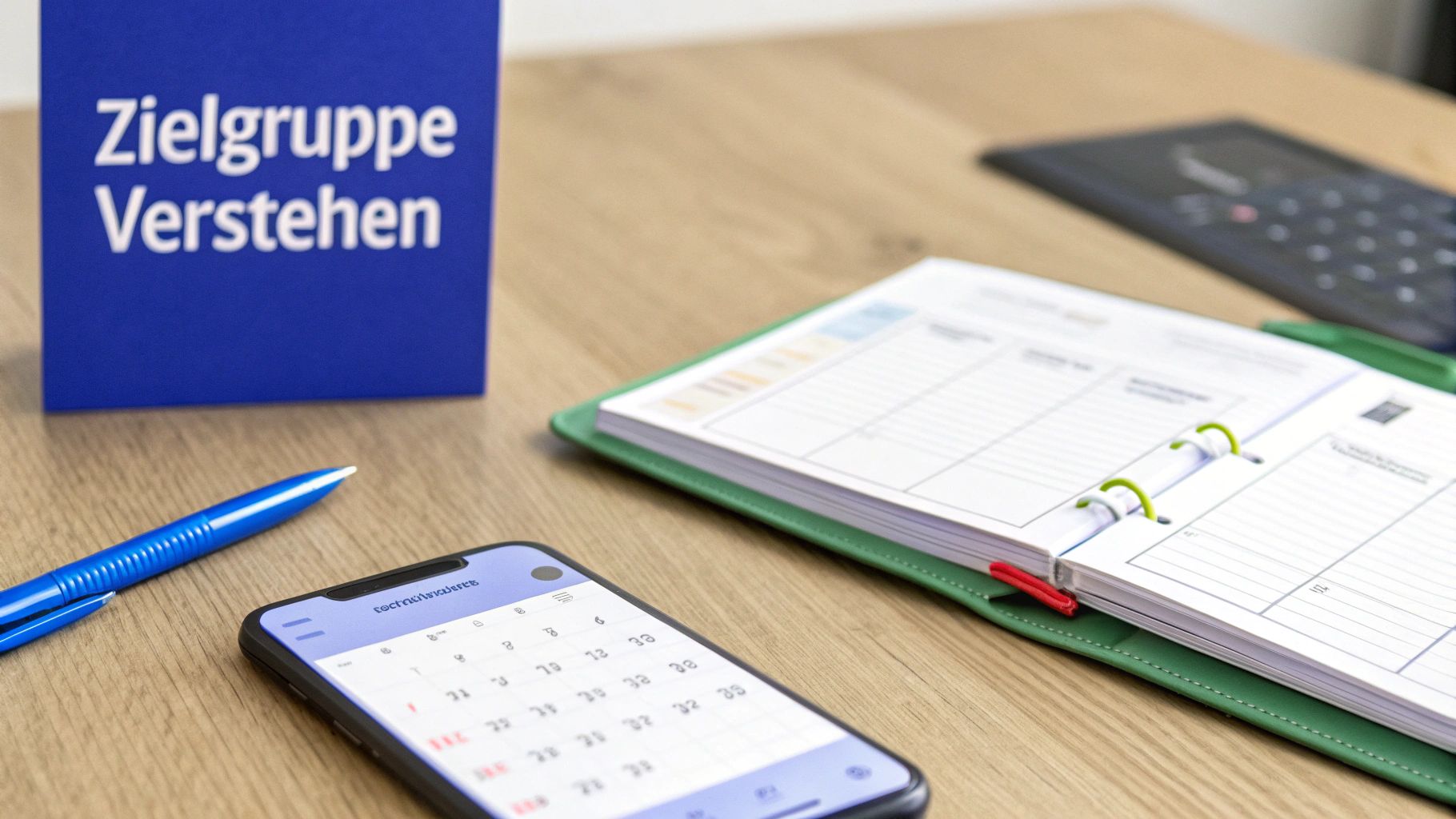 Blaues Schild mit Aufschrift 'Zielgruppe Verstehen', daneben ein Smartphone und ein offener Planer auf einem Holztisch.