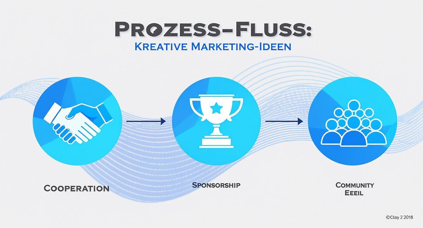 Prozessfluss kreativer Marketing-Ideen: Kooperation, Sponsoring und Community-Aufbau, dargestellt durch Icons.