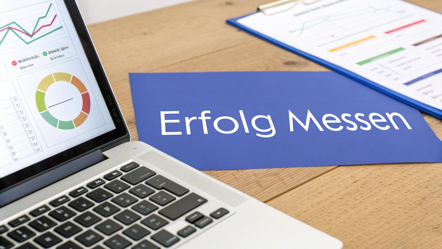 Laptop zeigt Business-Diagramme und Graphen, daneben ein blaues Blatt mit der Aufschrift "Erfolg Messen".