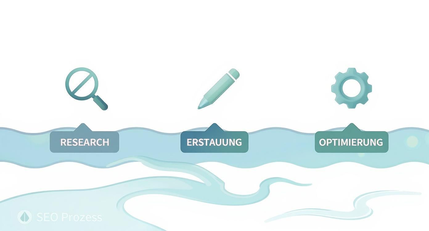 Illustration des SEO-Prozesses in drei Schritten: Forschung, Erstellung und Optimierung, mit passenden Symbolen.