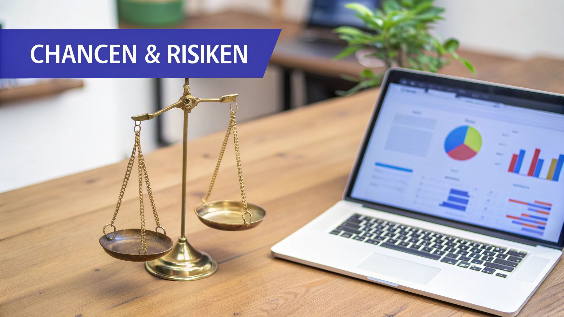 Eine goldene Waage und ein Laptop mit Diagrammen und Graphen. Ein Banner zeigt 'CHANCEN & RISIKEN'.