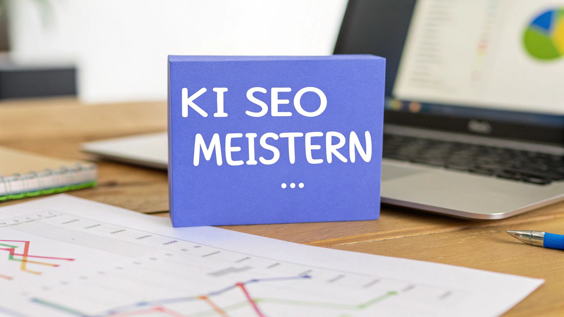 A blue stand with the inscription “Ki Seo Meister...” stands on a wooden table; charts, a laptop and a pen lie in the background.