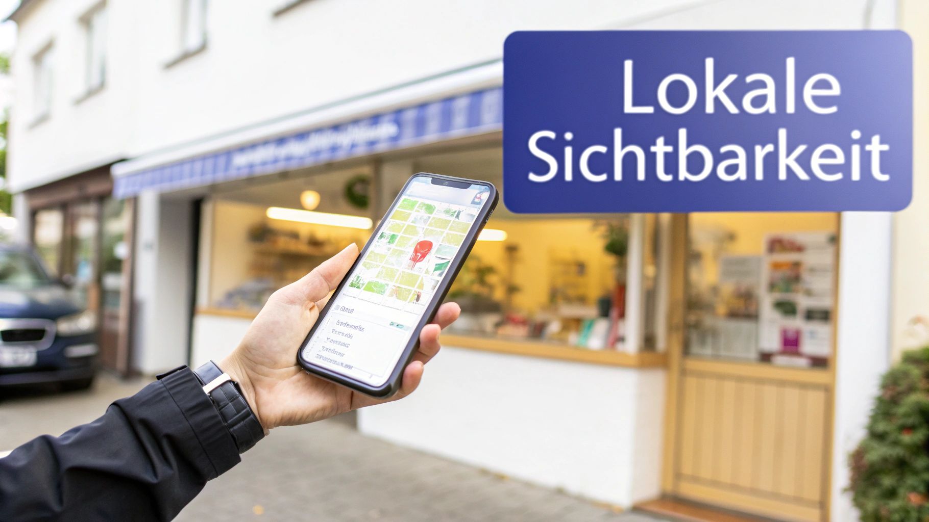 Person hält Smartphone mit Kartenansicht und rotem Pin vor einem Geschäft mit Schild 'Lokale Sichtbarkeit'.
