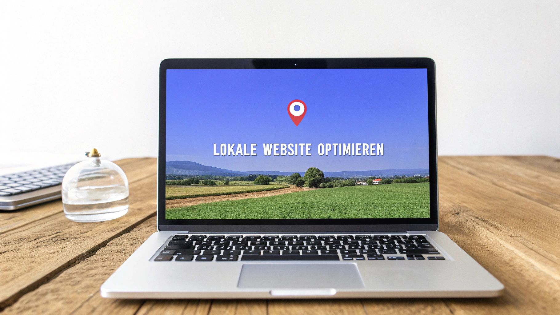 Laptop auf einem Holztisch zeigt den Text 'LOKALE WEBSITE OPTIMIEREN' mit einem Standort-Pin vor einer Landschaft.