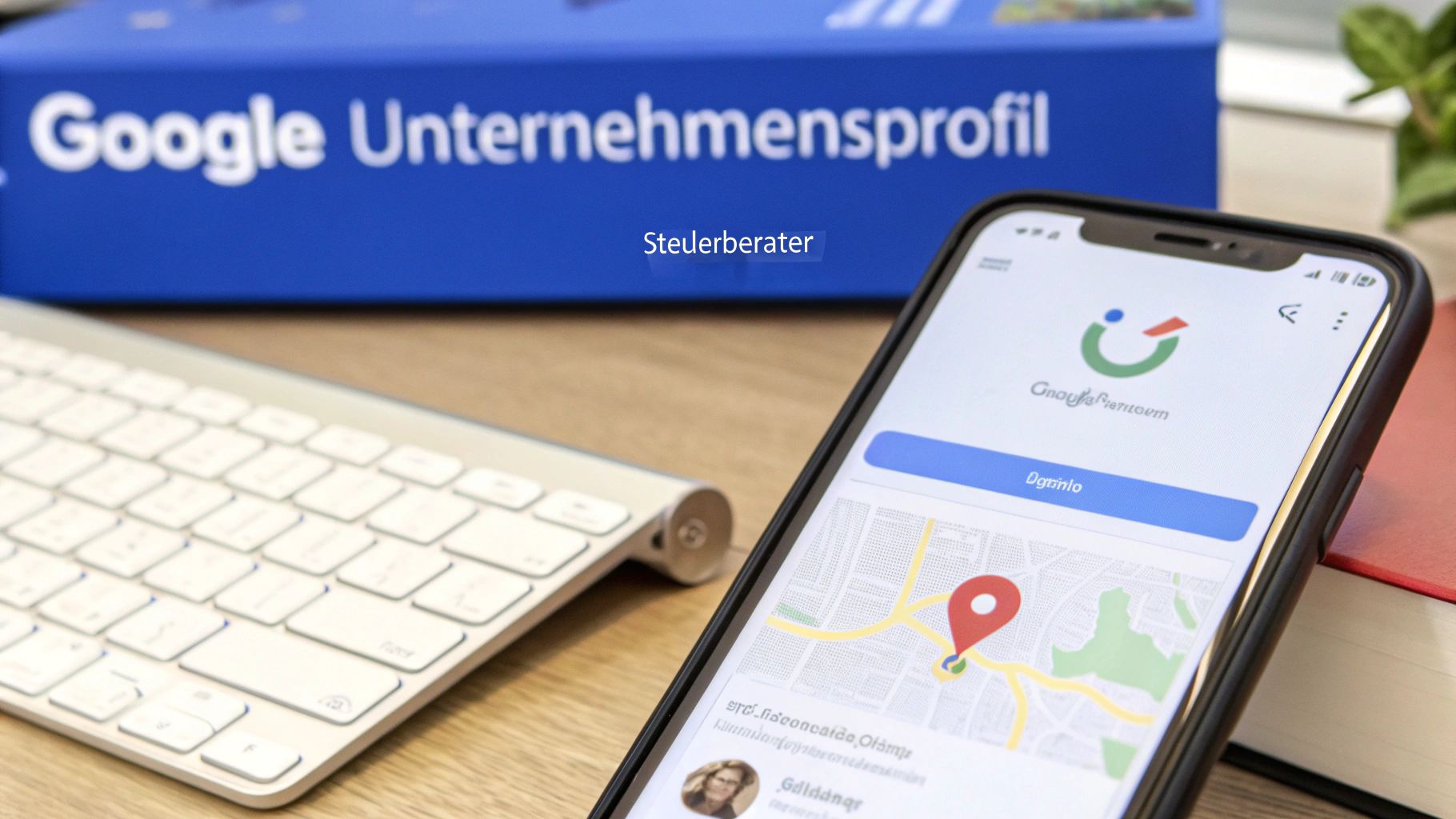 Büroarbeitsplatz mit Google Unternehmensprofil-Ordner, Smartphone-App und Tastatur; ideal für Steuerberater.