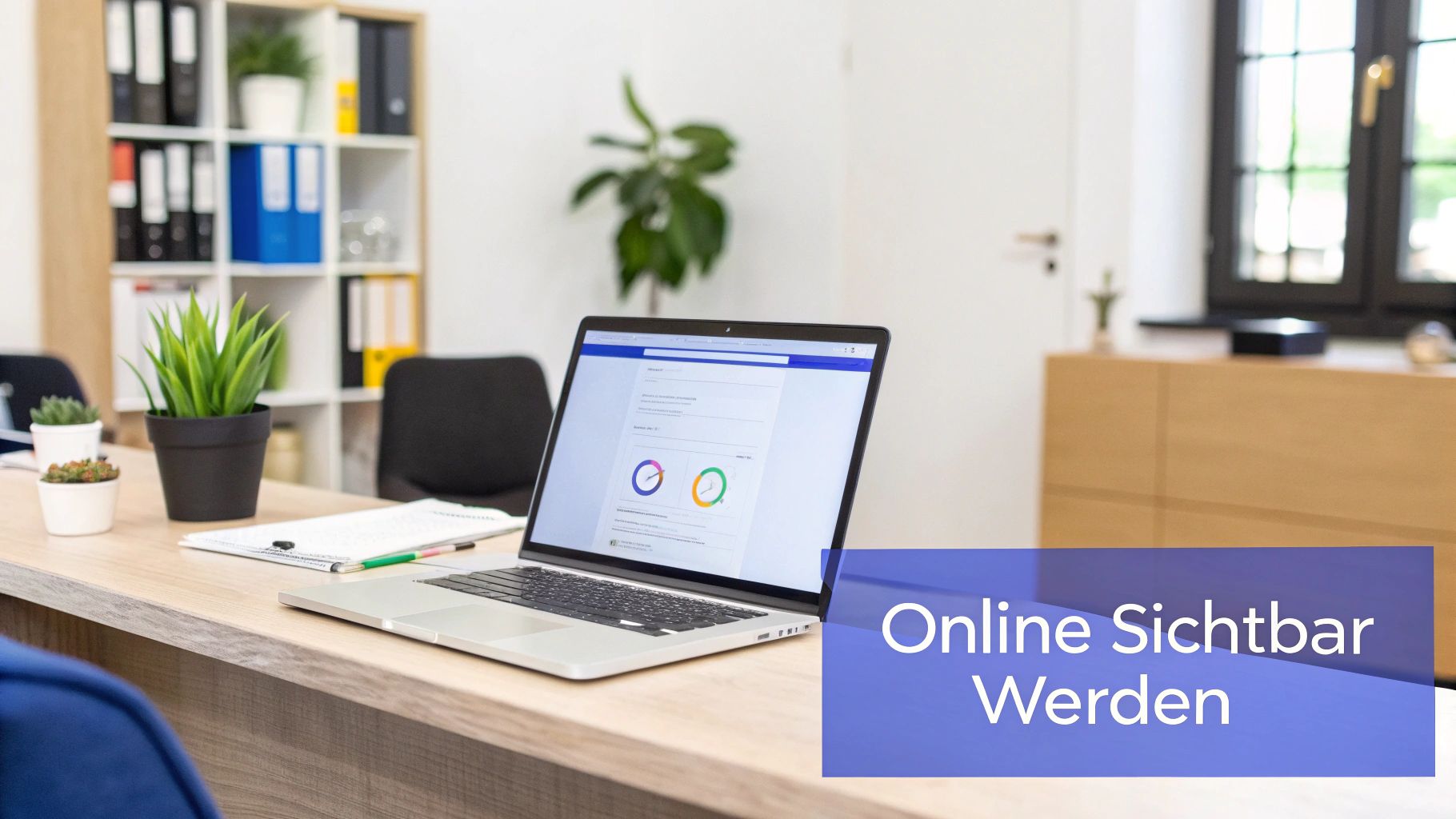 Modernes Büro mit Laptop, der Analysen zeigt, Pflanzen und Ordnern. 'Online Sichtbar Werden' ist zu sehen.