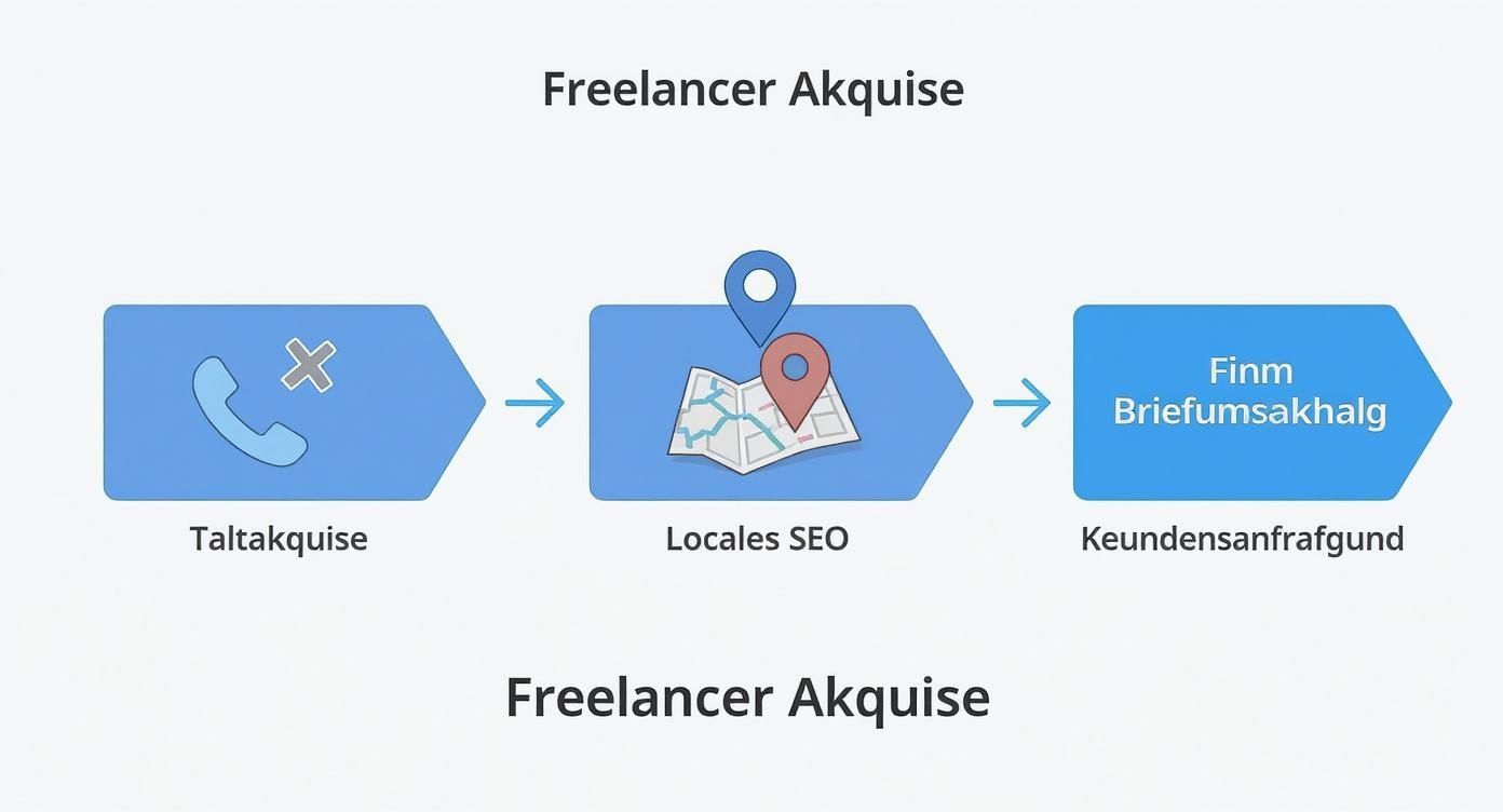 Ein Flussdiagramm zeigt Strategien zur Freelancer-Akquise: Kaltakquise, Lokales SEO und Kundenanfragen.