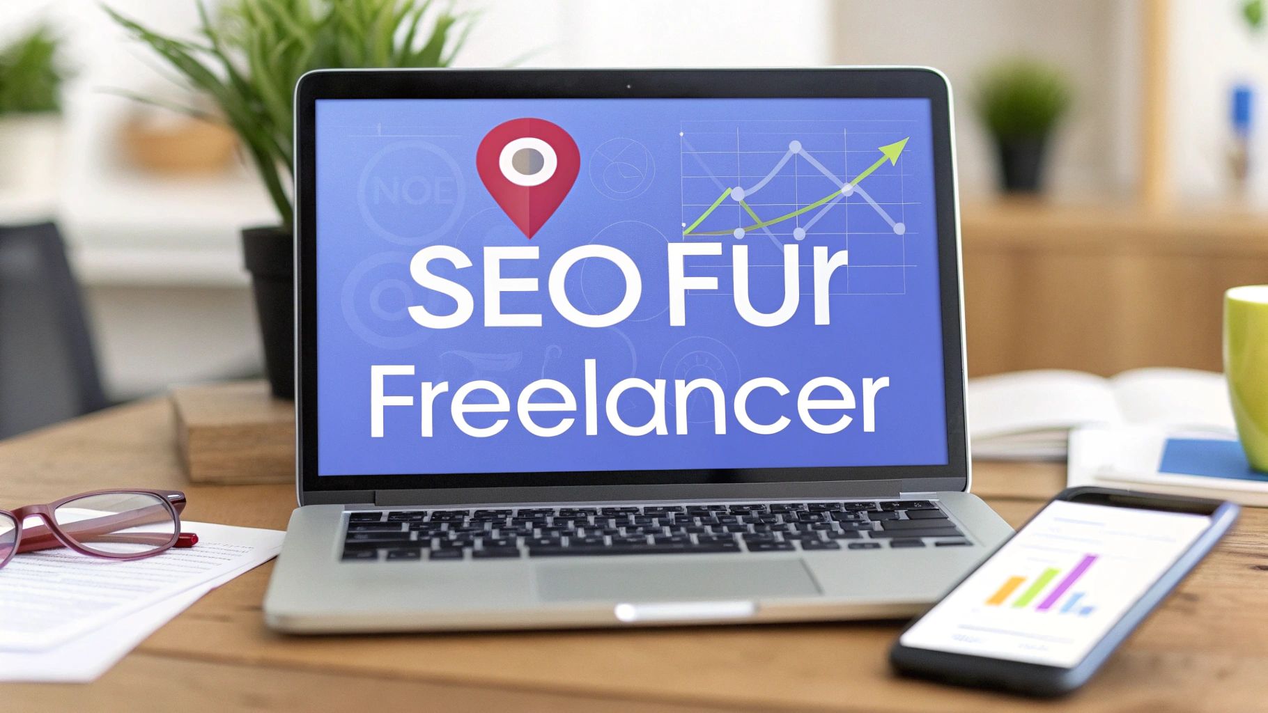 A laptop shows a blue graphic with a location PIN and the inscription “SEO for freelancers”; next to it are documents, glasses and a smartphone with a diagram.