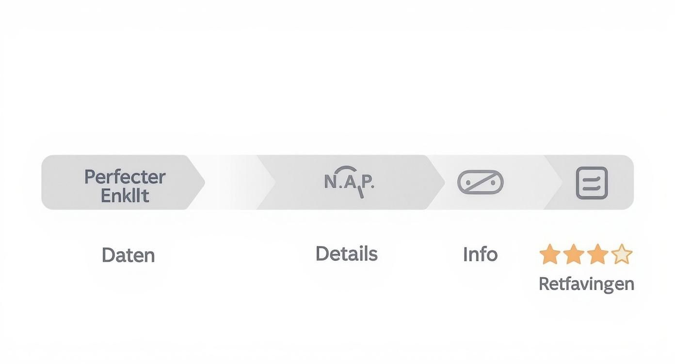 Fortschrittsanzeige mit vier Schritten: Perfecter Enkllt (Daten), N.A.P. (Details), Info und Retfavingen (Bewertung 3/4 Sternen).