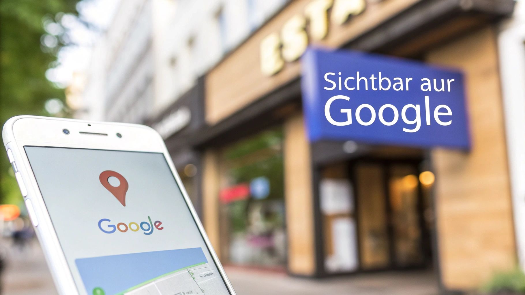Smartphone zeigt Google Maps App mit Standort-Pin und Google-Logo, im Hintergrund ein Schild 'Sichtbar auf Google'.