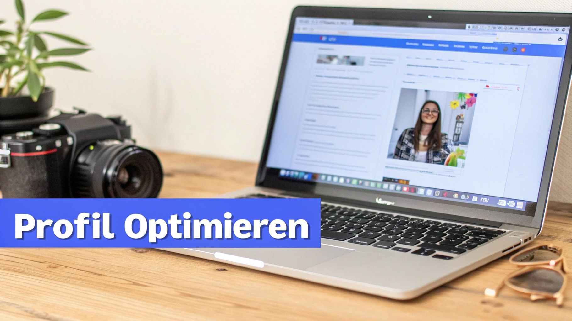 Laptop mit offenem Profilbild und dem Text 'Profil Optimieren' auf dem Bildschirm, daneben Kamera und Pflanze.