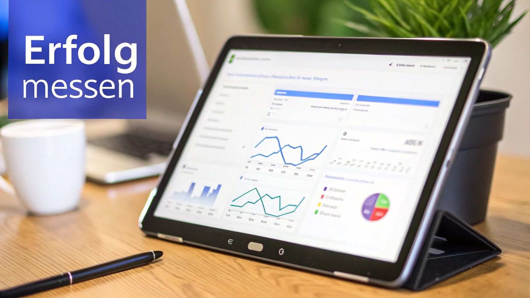 Tablet zeigt Marketing-Erfolgsmetriken und Analysen mit dem Text 'Erfolg messen' auf einem Schreibtisch.