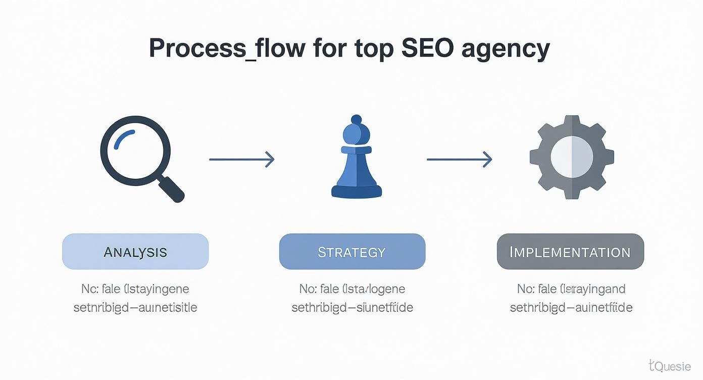 Prozessablauf einer SEO-Agentur mit Schritten Analyse, Strategie und Implementierung, dargestellt durch Symbole Lupe, Schachfigur und Zahnrad.