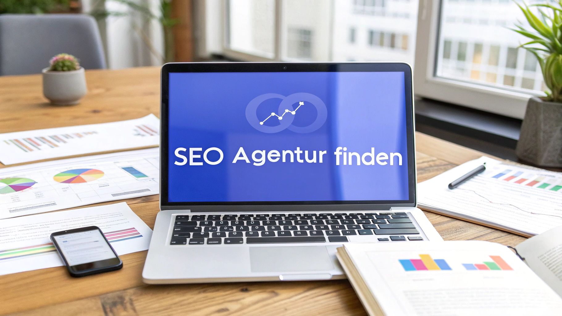 A laptop shows the text “Find an SEO agency” on a blue background. There are charts, notes, a smartphone and an open book on the table.
