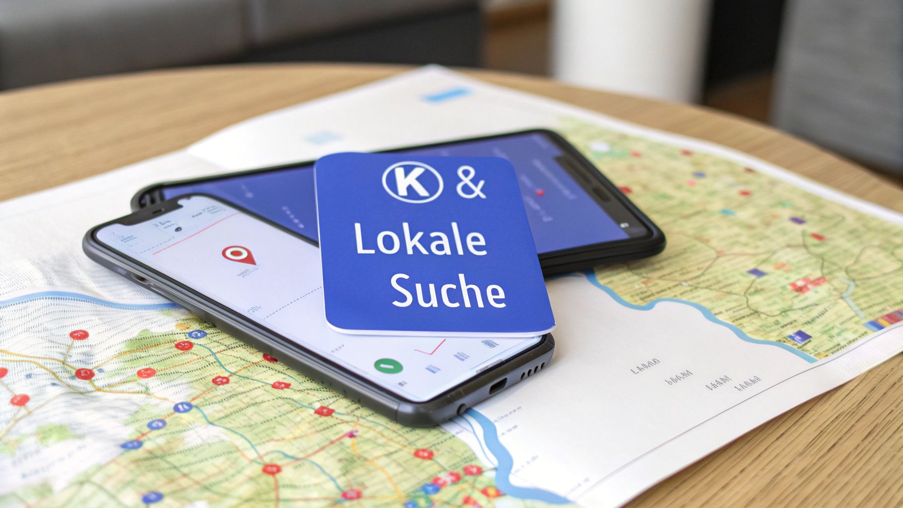 Auf einer Landkarte liegen Smartphones und ein blaues Schild mit 'K & Lokale Suche' für lokale Informationen.