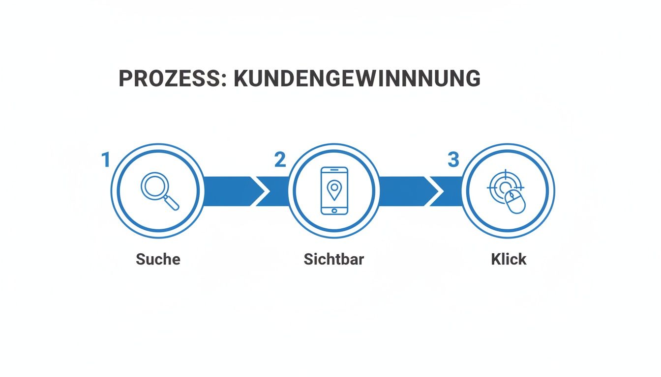 Prozess zur Kundengewinnung in drei Schritten: Suchen, sichtbar sein und klicken, mit passenden Symbolen.