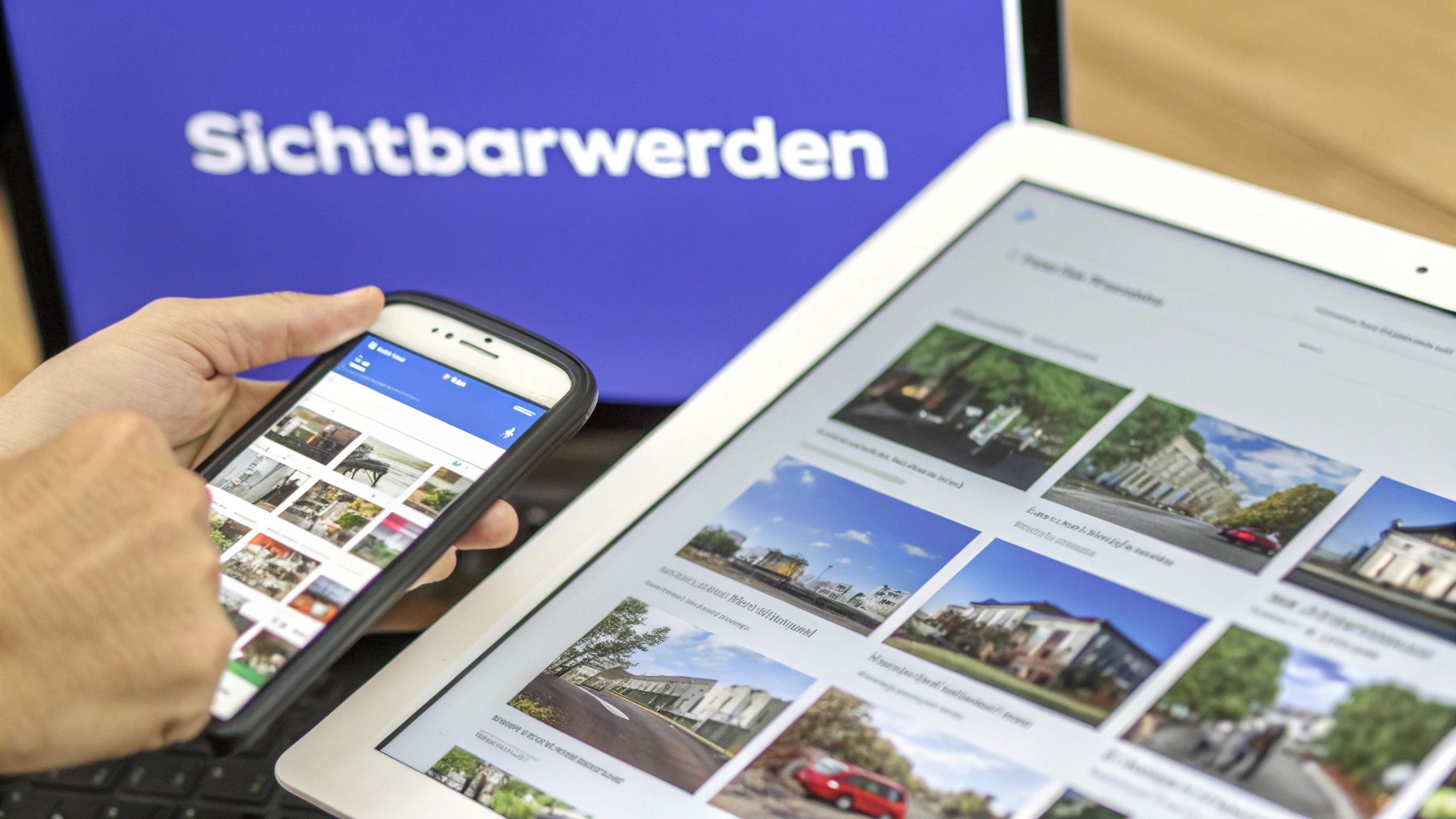 Eine Person hält ein Smartphone und bedient es, während ein Tablet daneben Bilder anzeigt. Im Hintergrund ist ein Laptop mit dem Wort "Sichtbarwerden" zu sehen.