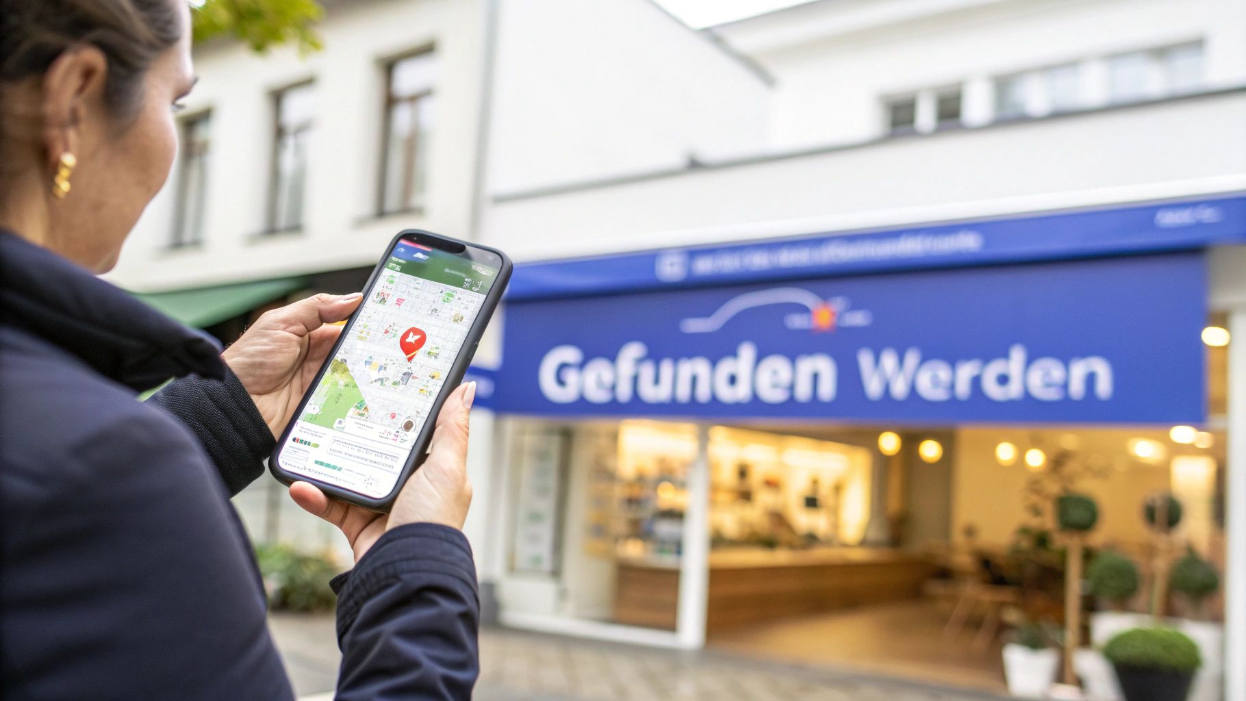 Eine Person nutzt ein Smartphone mit einer Karte, um ein Geschäft mit der Aufschrift „Gefunden Werden“ zu finden.