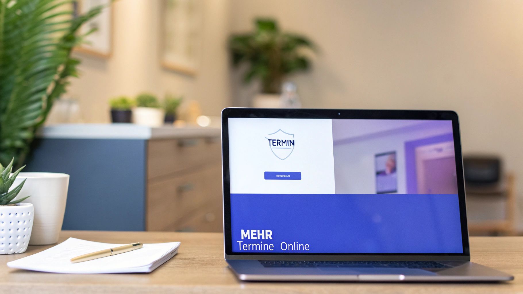 Ein Laptop auf einem Holzschreibtisch zeigt eine Webseite für Online-Terminbuchung mit dem Wort "TERMIN".