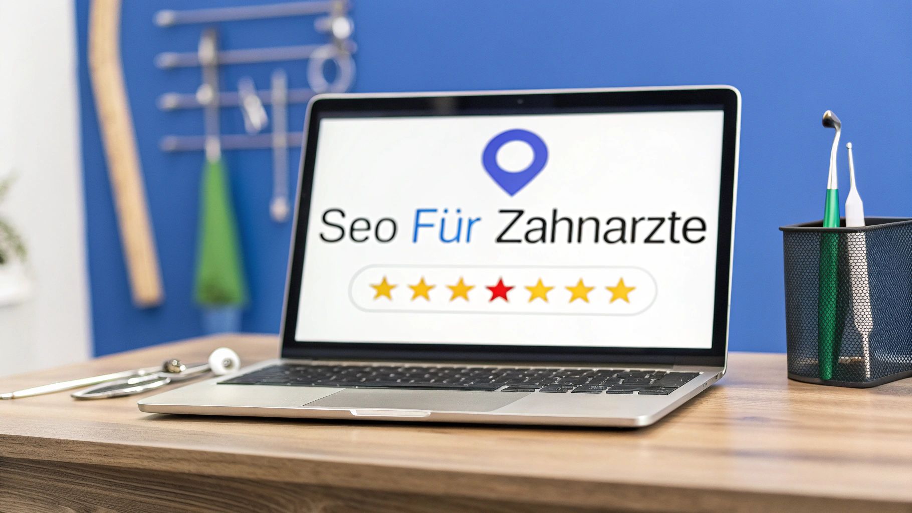 A laptop shows the text “SEO for dentists” with a blue location icon and a star rating. There are dental tools on the table, and there is a container with toothbrushes next to it.