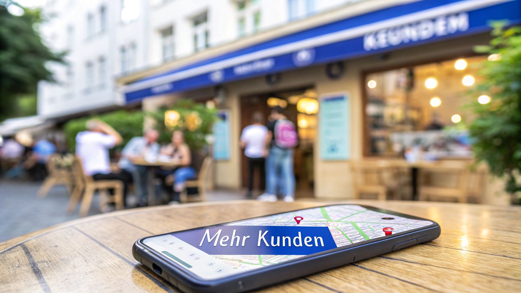 Ein Smartphone auf einem Holztisch mit einer Karte, die 'Mehr Kunden' anzeigt, vor einem belebten Café.