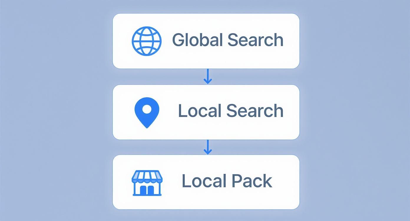 Flussdiagramm zur Suchmaschinenoptimierung: Global Search, Local Search und Local Pack.
