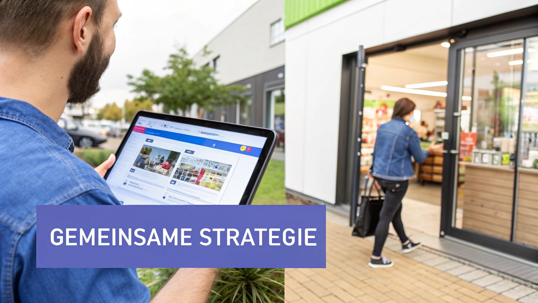 Mann nutzt Tablet für Content-Strategie, während eine Kundin ein Geschäft betritt. Gemeinsame Strategie im lokalen Marketing.