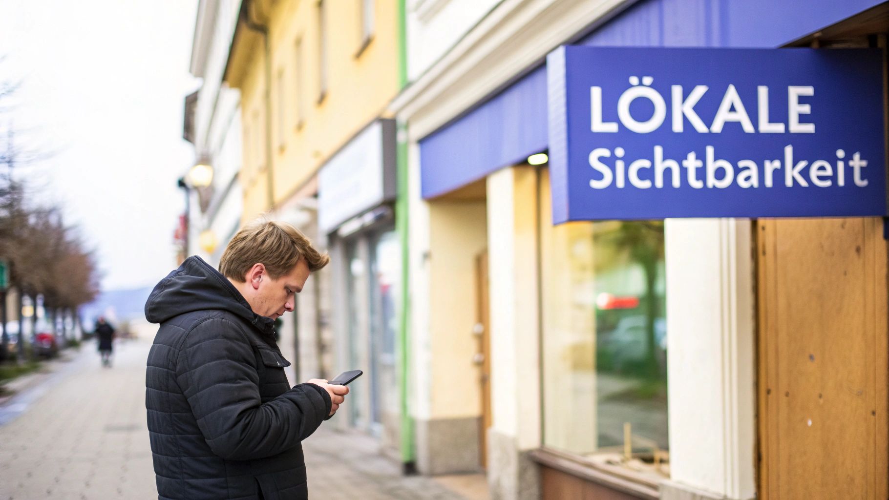 Mann auf der Straße betrachtet sein Smartphone vor einem blauen Schild mit der Aufschrift "LÖKALE Sichtbarkeit".