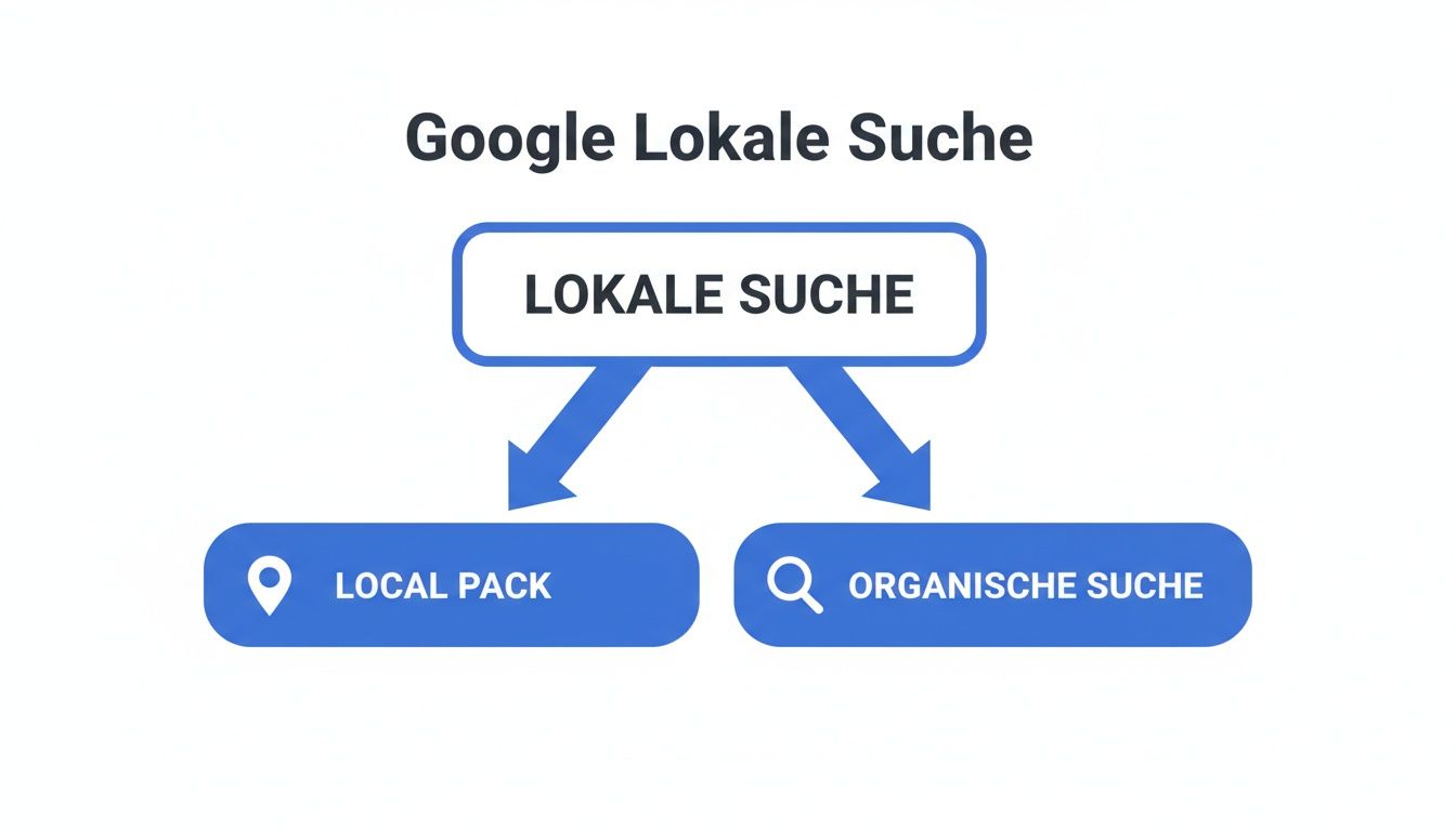 Diagramm zur Google Lokalen Suche, aufgeteilt in Lokales Pack und Organische Suche für Suchmaschinenoptimierung.