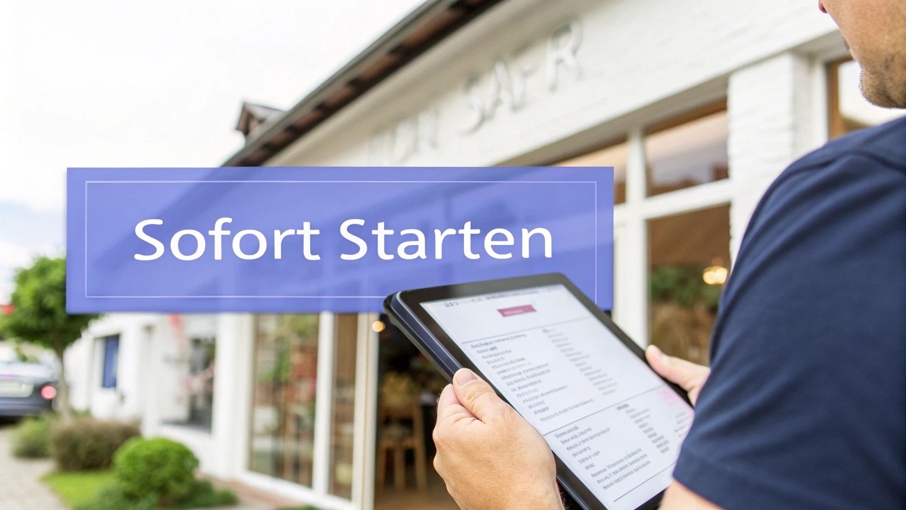 Nahaufnahme einer Person mit Tablet vor einem Gebäude. Ein blauer Banner zeigt den Text 'Sofort Starten'.