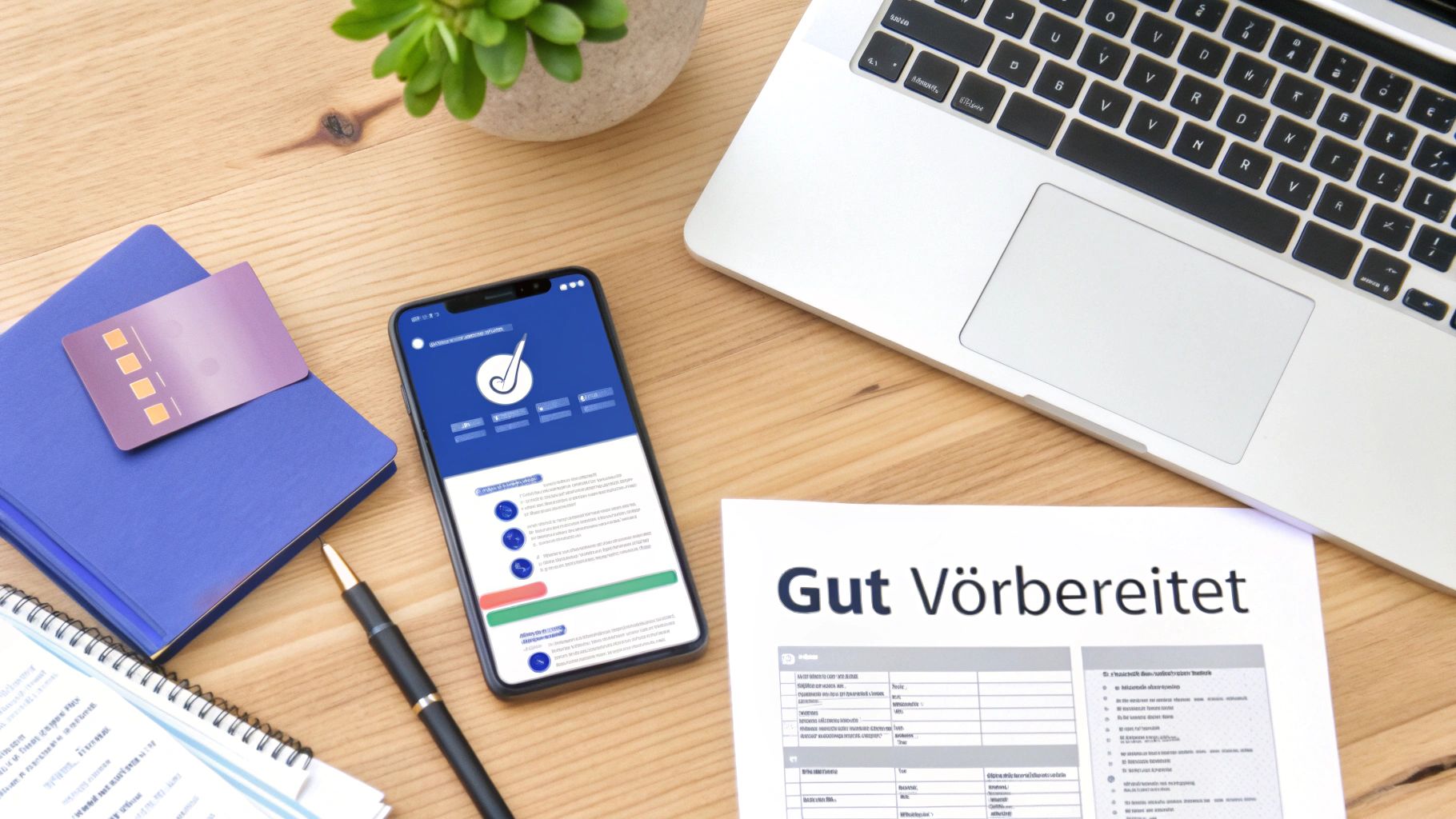 Übersichtlicher Schreibtisch mit Laptop, Smartphone, Notizblock, Stift und vorbereiteten Unterlagen auf Holztisch.