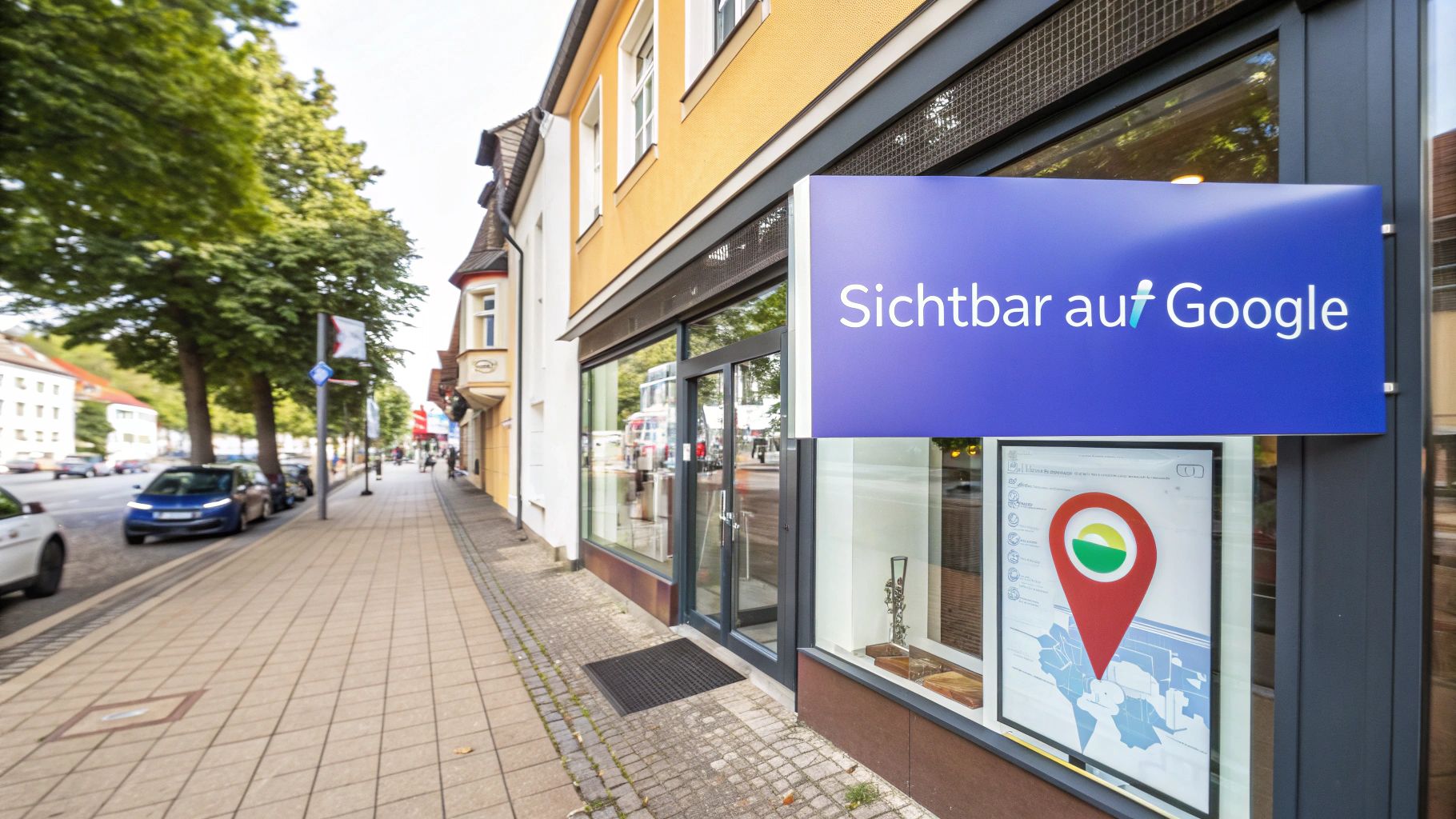 Geschäftsfront mit Schild 'Sichtbar auf Google' und einem Fensterplakat mit Standortpin. Eine belebte Straße mit Bäumen und parkenden Autos.