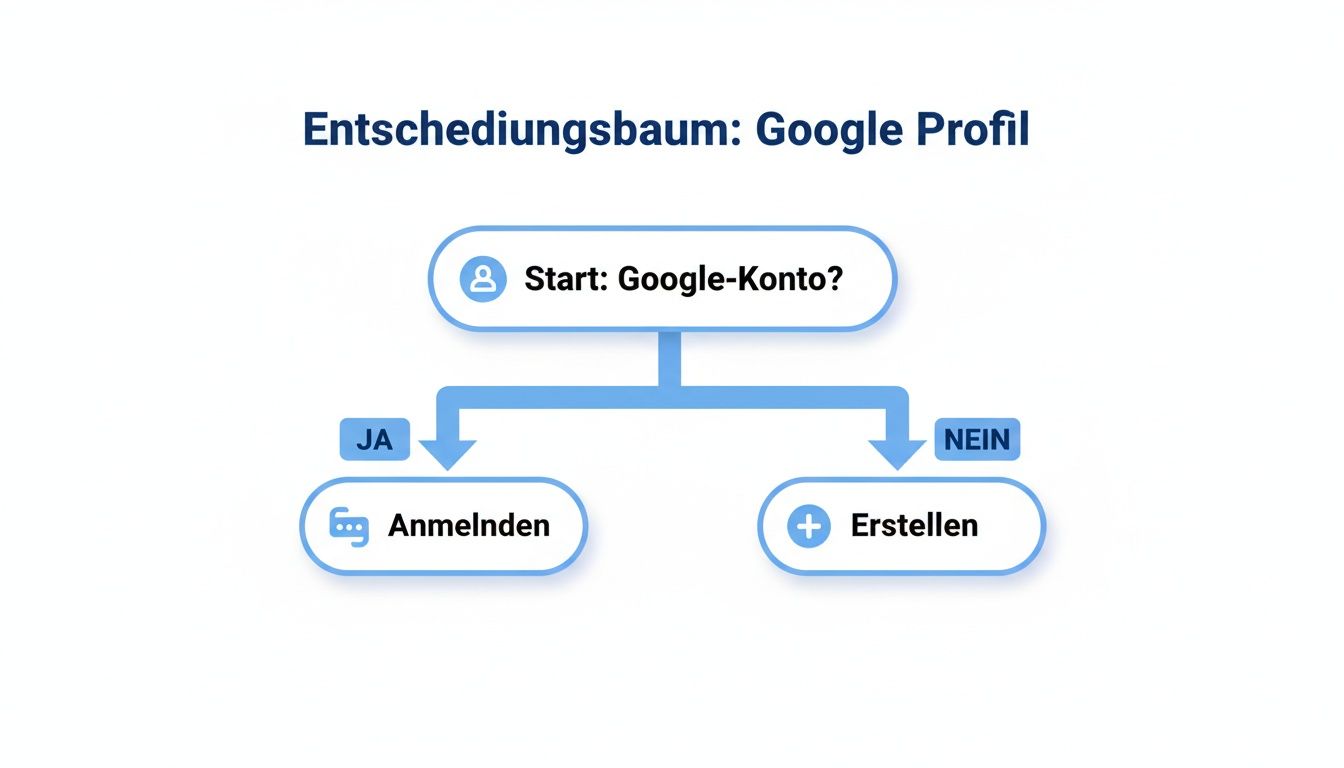 Entscheidungsbaum für Google-Profil: Startet mit der Frage nach einem Google-Konto, gefolgt von Anmelden oder Erstellen.