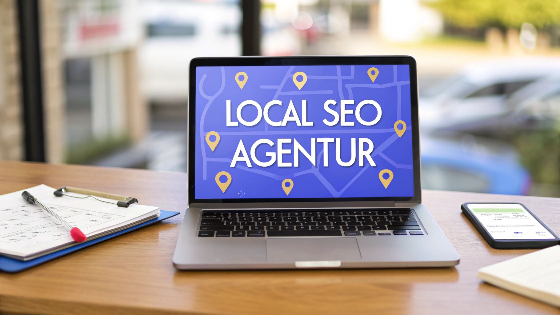 A laptop is standing on a desk and shows the text “Local SEO Agency” on a blue background with several location icons. There is a notepad with pen and a smartphone next to it.