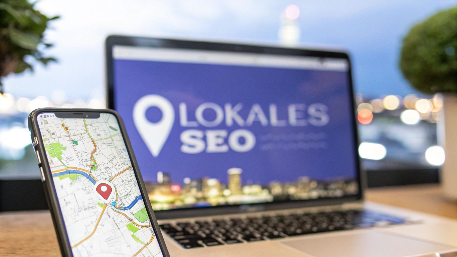 A smartphone shows a map view with a location PIN. In the background, a laptop with the text “Local SEO” stands against a nighttime city backdrop.