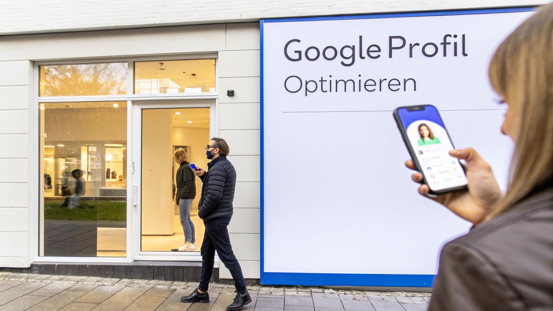 Eine Frau optimiert ihr Google Profil auf einem Smartphone vor einem Schild mit der Aufschrift 'Google Profil Optimieren'.