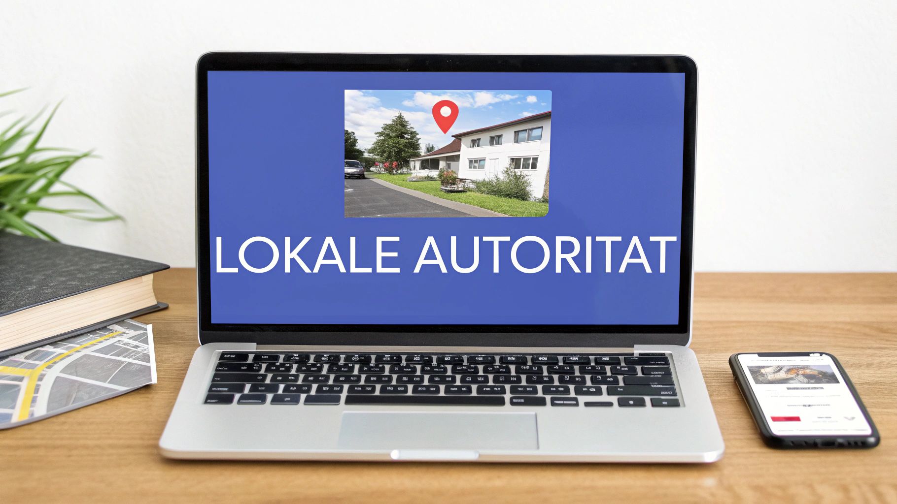 Laptop auf einem Holztisch zeigt ein Haus mit rotem Standort-Pin und den Text 'LOKALE AUTORITÄT'.
