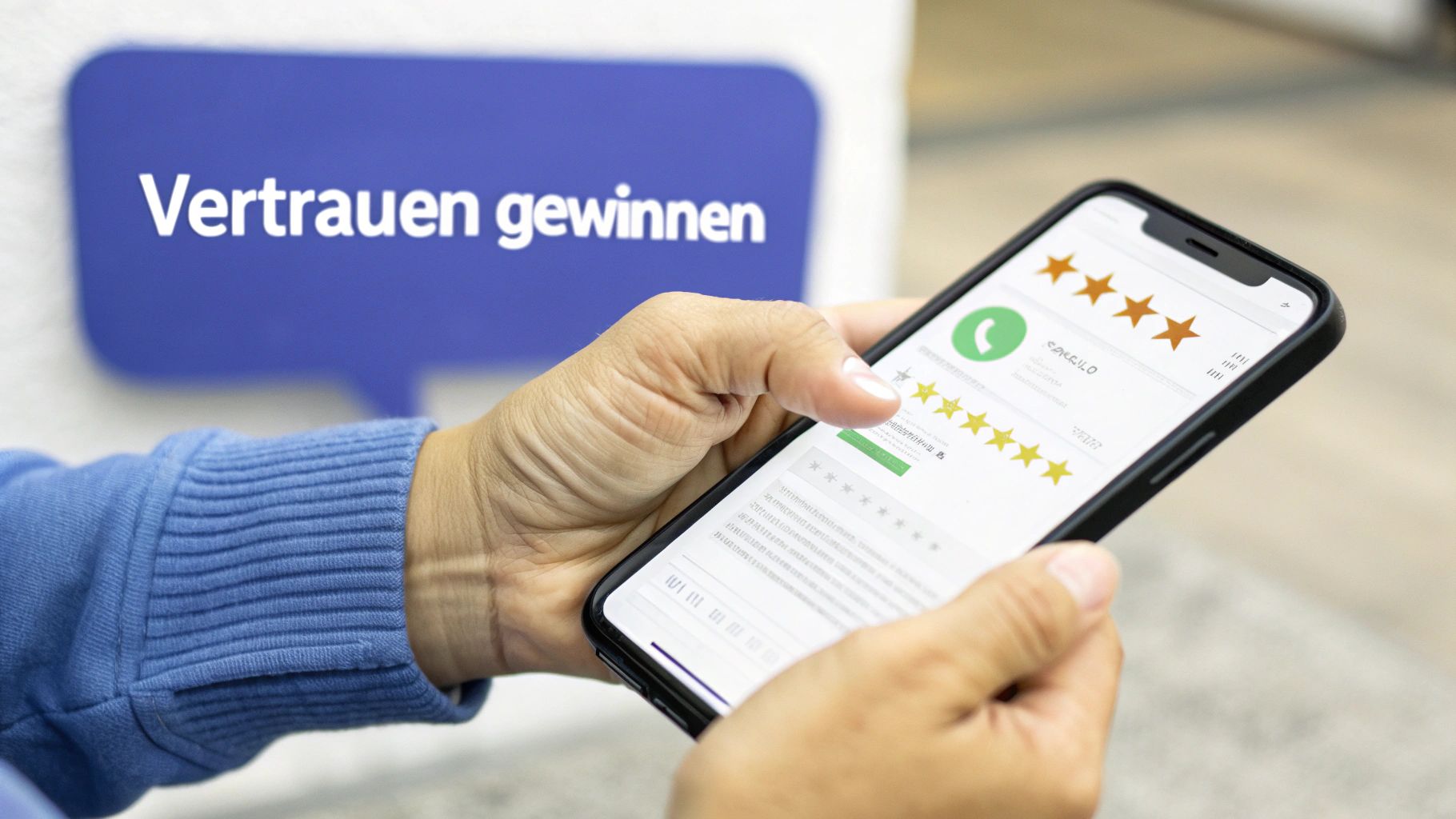 Person hält Smartphone mit Online-Bewertungen. Im Hintergrund blaue Sprechblase mit der Aufschrift 'Vertrauen gewinnen'.