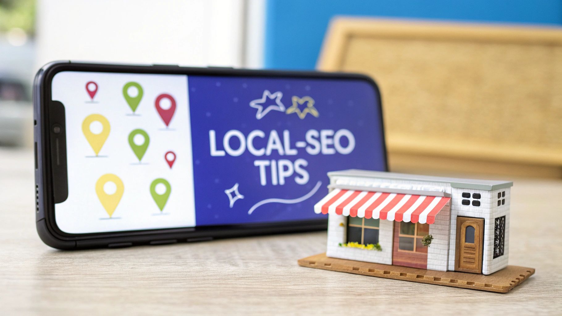 A smartphone shows the text “Local SEO Tips” with several colored location pins. In front of it, there is a small model of a shop on a table.