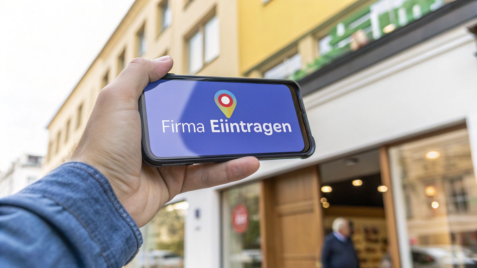 A hand holds a smartphone in front of a shop. The screen says “Register company” with a location icon.