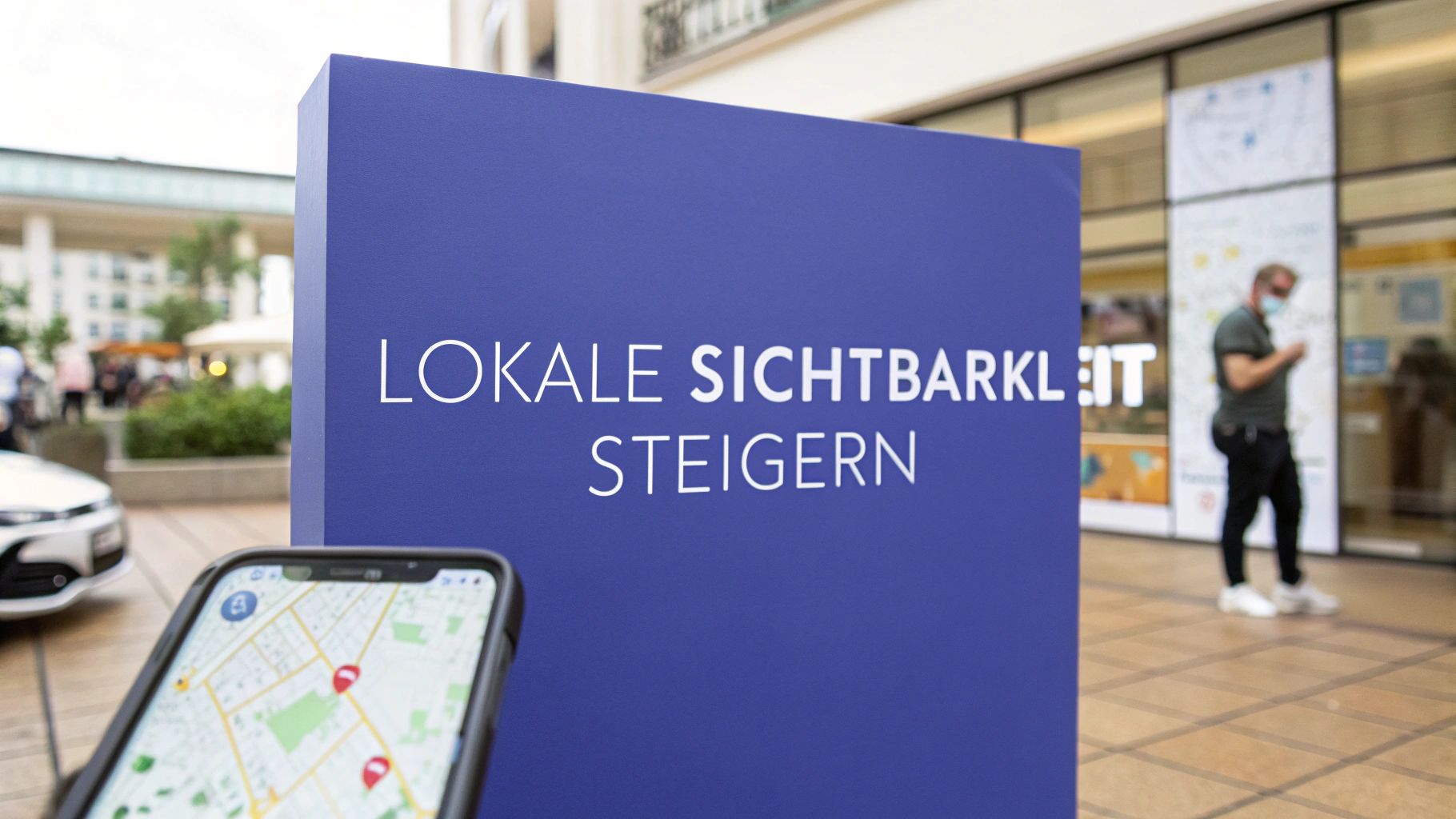 A large blue sign with the inscription “Increase local visibility” stands in a pedestrian zone. A smartphone with a map view can be seen in the foreground, passers-by pass by in the background.