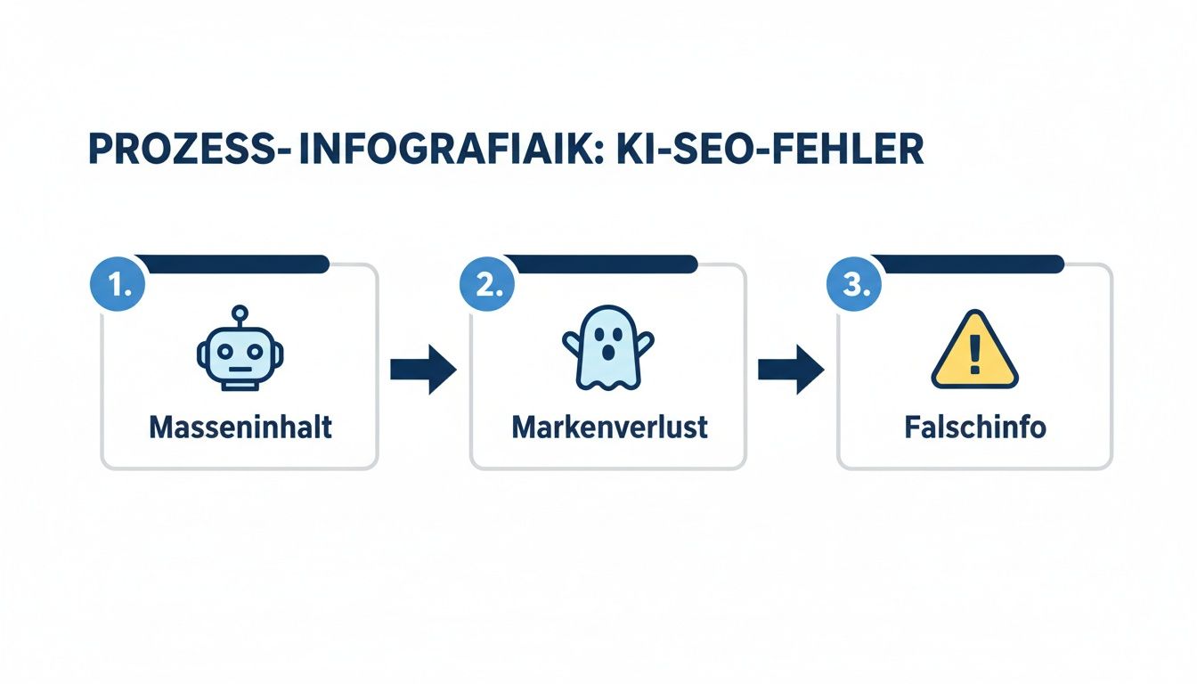 Infografik zeigt den Prozess von KI-SEO-Fehlern: Masseninhalt führt zu Markenverlust und Falschinformation.