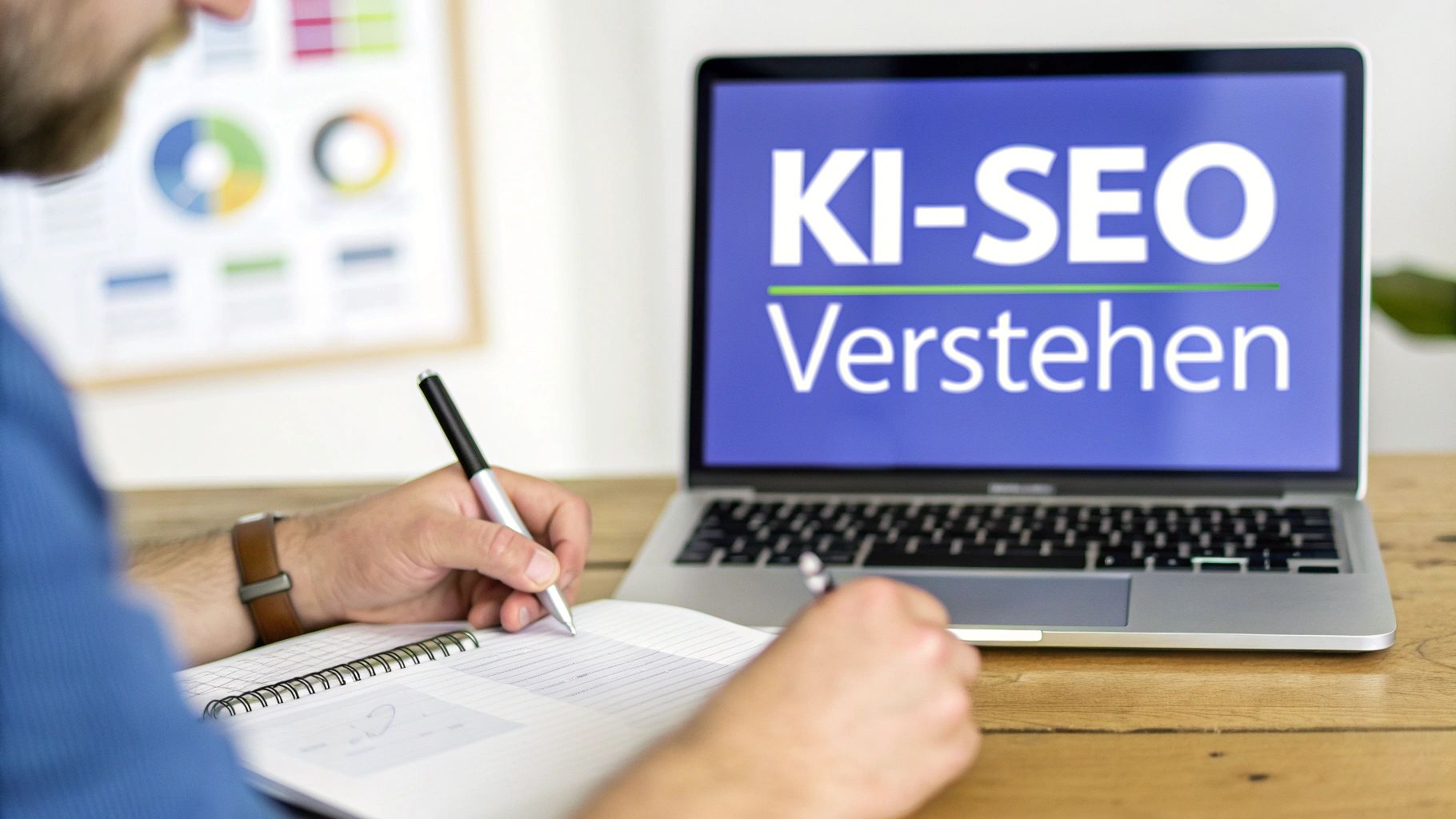 Eine Person schreibt in ein Notizbuch, während ein Laptop 'KI-SEO Verstehen' anzeigt.