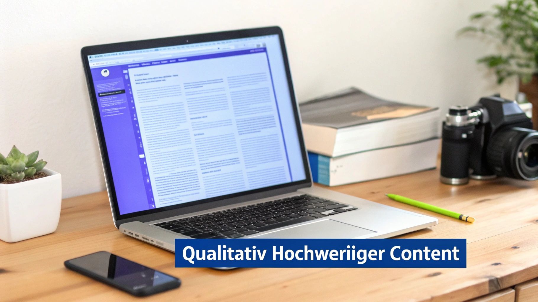 Arbeitsplatz mit Laptop, Text 'Qualitativ Hochwertiger Content', Smartphone, Büchern, Kamera und Pflanze.