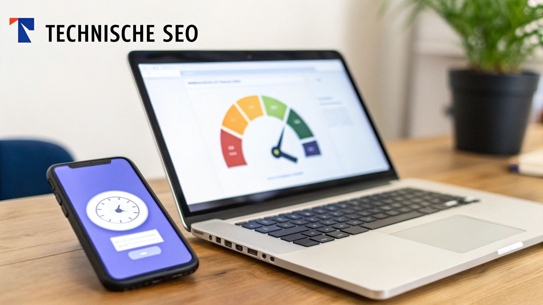 Ein Laptop zeigt eine Website-Performance-Analyse mit Tachometer, daneben ein Smartphone. Fokus auf technische SEO.