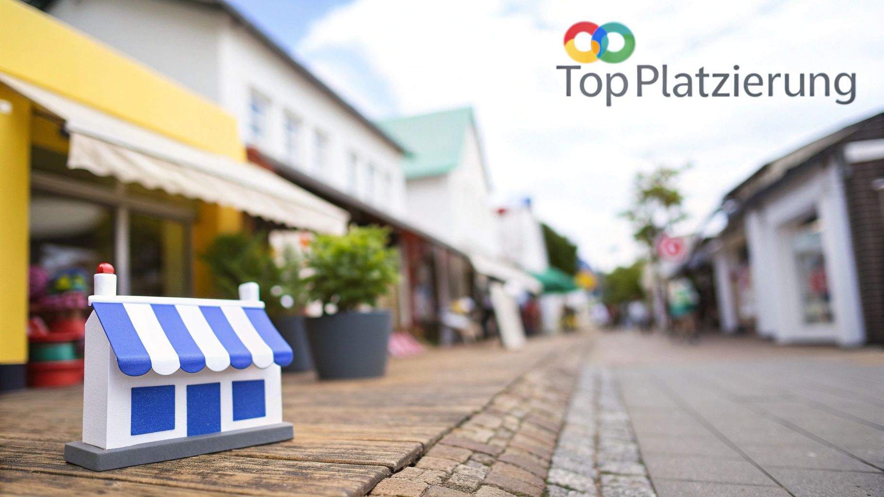 Kleines Modellhaus vor einer belebten Einkaufsstraße mit dem Logo 'Top Platzierung'.