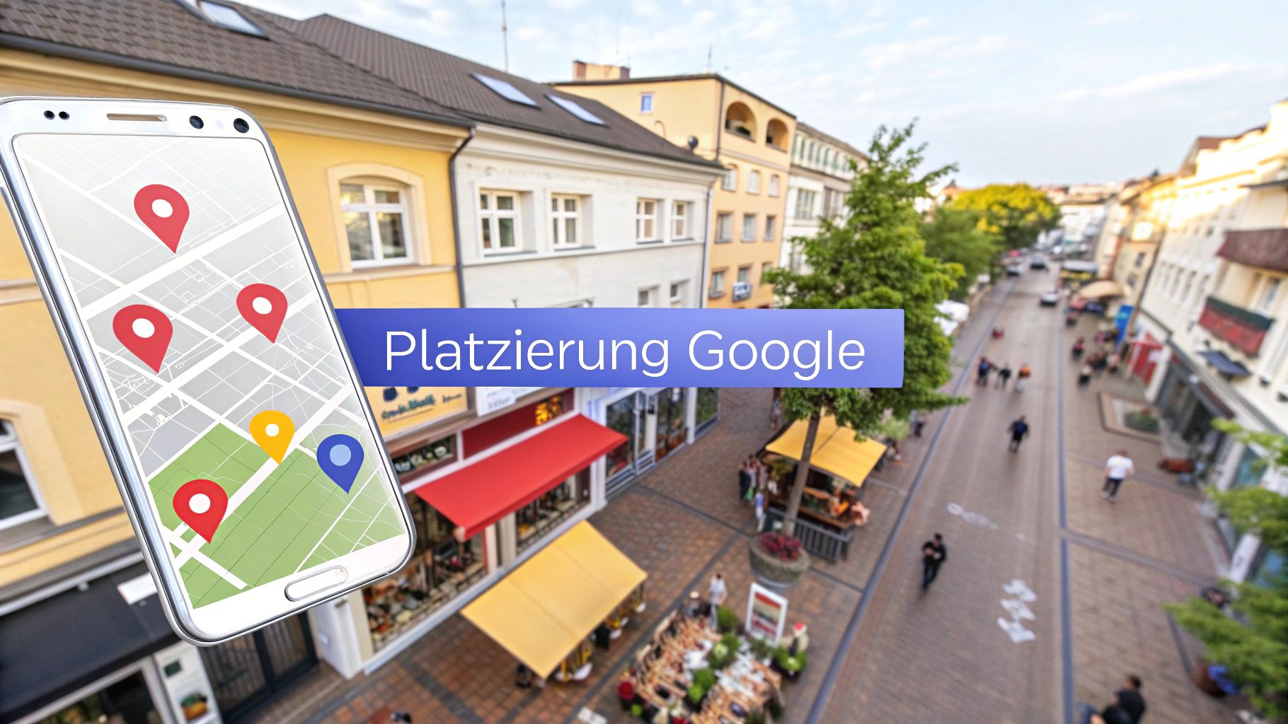A smartphone with a map view and several location pins floats above a busy shopping street. In the middle is the text “Placement on Google.”